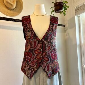 Vintage 90s Paisley Print USA Made Button Front Tie Back Vest Top Size Large
